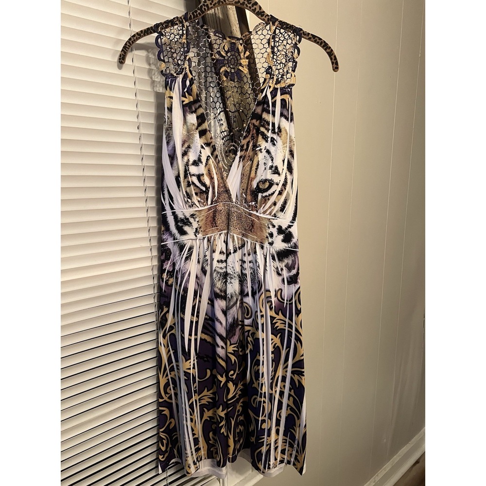 Tiger Face Rhinestone Crochet Lace Back Dress Purple Gold Baroque LSU L/XL